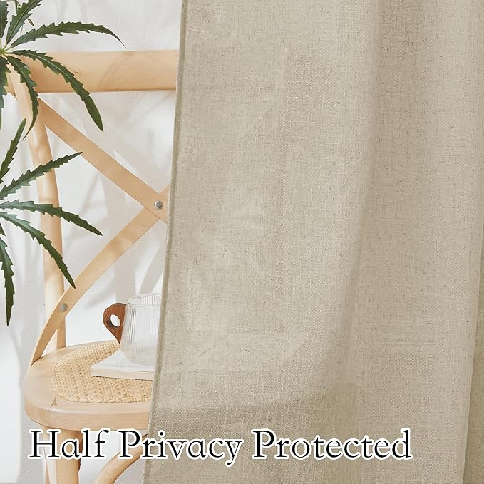 RYB HOME Sliding Door Curtains - Large Window Curtains for Living Room Dining Bedroom Decor, Linen Sheer Sunlight Glare Filter Privacy Backdrop, Beige, 100 inches Wide x 84 inches Long