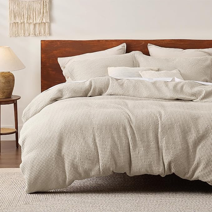 Bedsure Cotton Duvet Cover Set - 100% Cotton Waffle Weave Beige Duvet Cover Oversized Queen Size, GentleSoft™ and Breathable Bedding Set for All Season, 3 Pieces, 98"x98"