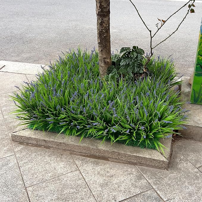 Fake Outdoor Plants Artificial Monkey Grass 12 Bundles Purple Faux Flowers for Outdoors Plastic Plant Outside Porch Patio Yard Planters Window Box Decor (12 Bundles Purple Monkey Grasses)