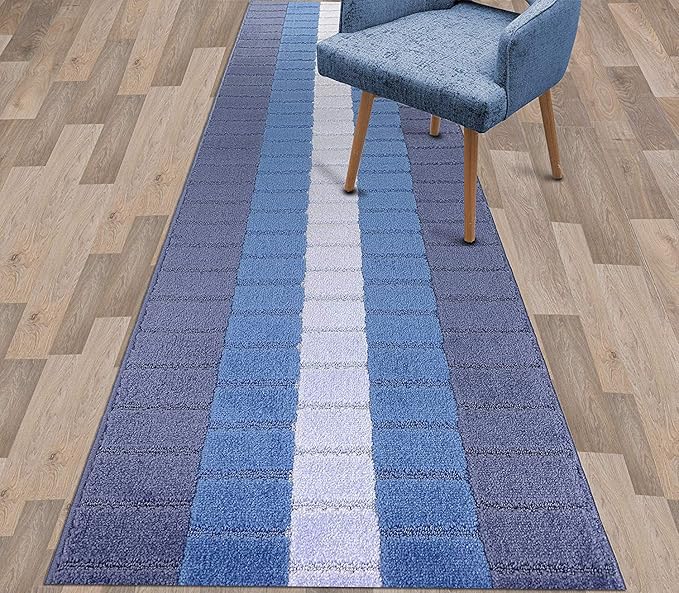 Custom Size Coastal Nautical Style Runner Rug Carpet for Hallway Entryway, Slip Resistant Latex Rubber Backed, 31 inch Wide X Customized Length, Squares Blue, 31 inch X 16 feet