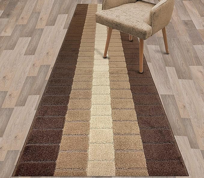 Custom Size Modern Geometric Pattern Carpet Runner Rug for Hallways, Slip Resistant Latex Rubber Backed, 31 inch Wide X Customized Length, Squares Brown, 31 inch X 18 feet