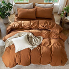MooMee Bedding Duvet Cover Set 100% Washed Cotton Linen Like Textured Breathable Durable Soft Comfy (Solid Dark Orange, Super Queen 90"x98")