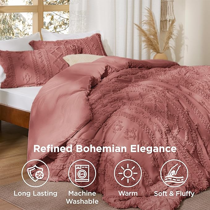 Bedsure Tufted Boho Comforter Set King Size - Grayish Pink Boho Bed Set, GentleSoft™ 3 Pieces Farmhouse Shabby Chic Embroidery Bedding, Gifts for Woman, Soft Jacquard King Comforter for All Seasons