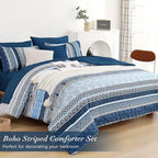 Boho Comforter Set Full Size,8 Pieces Navy Blue Bohemian Striped Bed in a Bag,Paisley Soft Microfiber Bedding Comforter Set