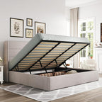 Allewie King Size Lift Up Storage Bed, Modern Wingback Headboard, Hydraulic Support, No Box Spring Needed, Light Beige