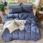 MooMee Bedding Duvet Cover Set 100% Washed Cotton Linen Like Textured Breathable Durable Soft Comfy (Heathered Blue, Full 80"x90")