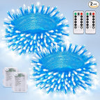 JMEXSUSS 2 Pack Blue and White Battery String Lights, Each 33ft 100 LED Battery Powered Christmas Lights with Remote for Outside Party Birthday