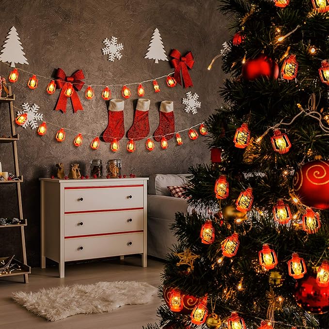 AceList 20 LED Red Lantern String Lights Mini Kerosene Lamp for Indoor Outdoor Patio Garden Holiday Home Ramadan Wedding Party Christmas Tree New Year Decorations(Warm White Light)