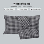 RUVANTI Flannel Sheets Twin XL Size - 100% Cotton Double Brushed Twin XL Sheet Sets, Deep Pockets 16 Inches, All Seasons Breathable & Extra Soft Bed Sheets, Warm & Cozy, 3 Piece, Grey Plaid