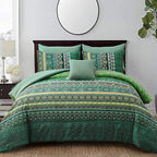 Boho Green Comforter Set King Size,8 Piece Bed in a Bag Bohemian Striped Bedding Quilt Set,Dark Green Paisley Floral Comforter and Sheet Set,Soft Microfiber Complete Bedding Sets for All Season