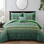 Boho Green Comforter Set Queen Size,8 Piece Bed in a Bag Bohemian Striped Bedding Quilt Set,Dark green Paisley Floral Comforter and Sheet Set,Soft Microfiber Complete Bedding Sets for All Season