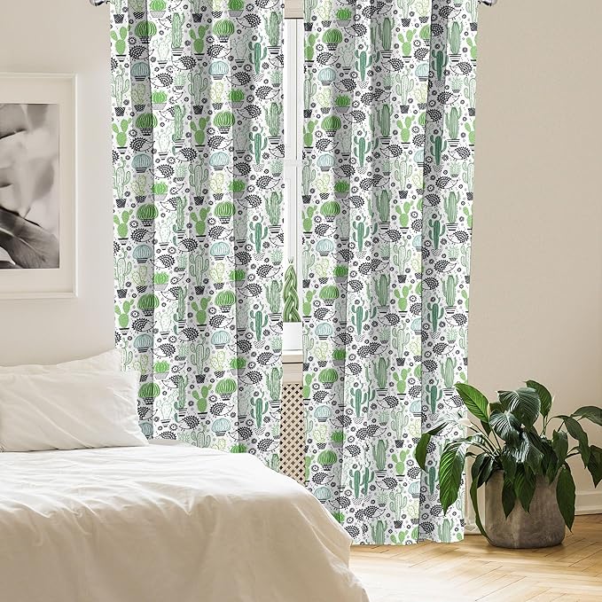 Ambesonne Cactus Curtains, Cartoon Style Inspired Drawing of Hedgehog Animals Saguaro and Prickly Pear, Window Treatments 2 Panel Set for Living Room Bedroom, Pair of - 28" x 84", White Green