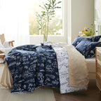 Bedsure Queen Comforter Set - Navy Bed Set, 3 Pieces Cute Floral Bedding, 1 Soft Reversible Botanical Flowers Comforter and 2 Pillow Shams