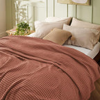 Bedsure Cooling Cotton Waffle Queen Size Blanket - Lightweight Breathable Blanket of Rayon Derived from Bamboo for Hot Sleepers, Luxury Throws for Bed, Couch and Sofa, Red Orange, 90x90 Inches