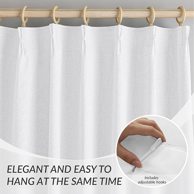 KangBang Pinch Pleated White Curtains Blackout 102 Inches Long-Pinch Pleat Linen Drapes 2 Panels Set for Living Room Dining with Hooks, Soft Elegant Window Treatments with Hooks,40Wx102L, Pure White