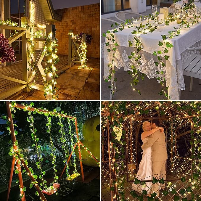 Brizled Solar Vine String Lights, 33ft 100 LED Solar String Lights, 8 Modes Artificial Ivy Leaf Solar Plant Vine Lights, Outdoor Ivy Fairy Lights for Outside Wedding Garden Fence Wall Hanging Decor