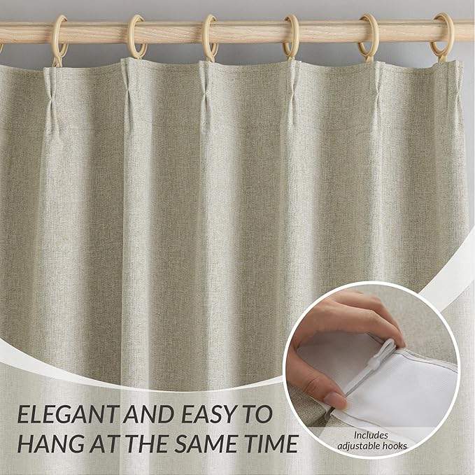 KangBang Full Blackout Pinch Pleat Curtains 102 Inches Long, Pleated Linen Drapes 2 Panels Set for Living Room Dining with Hooks, Thermal Insulated & Noise Reducing, 42Wx102L, Linen Color