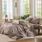 MooMee Bedding Duvet Cover Set 100% Washed Cotton Linen Like Textured Breathable Durable Soft Comfy (Heathered Mauve Brown, King 104"x90")