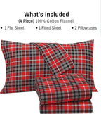 RUVANTI Flannel Sheets Queen Size - 100% Cotton Double Brushed Bed Sheets, Deep Pockets 16 Inches Queen Sheet Set, All Seasons Breathable & Extra Soft - Warm & Cozy, 4 Piece, Red Plaid