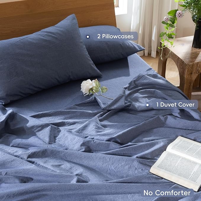 MooMee Bedding Duvet Cover Set 100% Washed Cotton Linen Like Textured Breathable Durable Soft Comfy (Heathered Blue, Super King 108"x98")