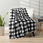 PAVILIA Black and White Buffalo Plaid Fleece Bed Blanket Queen Size, Soft Checkered Flannel Blanket for Sofa, Plaid Christmas Couch Throw Bed, Warm Cozy Decorative Blanket Fall Decor Gift, 90x90
