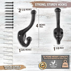 Rustic Cast Iron Coat Hooks (10 Pack) Wall Mounted Farmhouse Decorative Wall Hooks, Vintage Hooks for Hanging Coats, Bags, Hats, Towels (Antique Black)