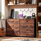 Furnulem Long Dresser for Bedroom, TV Stand for 55'' TV, Wide Storage Drawer Unit with 8 Fabric Bins, Double Dresser for Bedroom, Office, Dorm, Closet, Entryway, Wood Top (Rustic Brown)