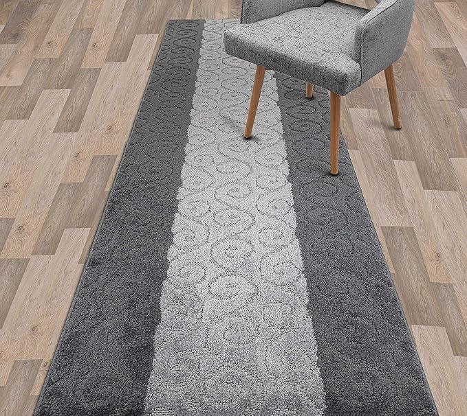 Custom Size Modern Runner Rug Carpet for Hallway Entryway Foyer Kitchen, Slip Resistant Latex Rubber Backed 31 inch Wide X Customized Length, Scroll Grey, 31 inch X 4 feet, Doormat Size