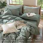MooMee Bedding Duvet Cover Set 100% Washed Cotton Linen Like Textured Breathable Durable Soft Comfy (Heathered Green, Super Queen 90"x98")