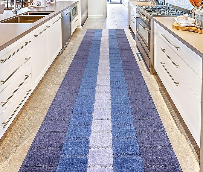 Custom Size Coastal Nautical Style Runner Rug Carpet for Hallway Entryway, Slip Resistant Latex Rubber Backed, 31 inch Wide X Customized Length, Squares Blue, 31 inch X 28 feet