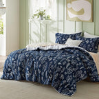 Bedsure Queen Comforter Set - Navy Bed Set, 3 Pieces Cute Floral Bedding, 1 Soft Reversible Botanical Flowers Comforter and 2 Pillow Shams