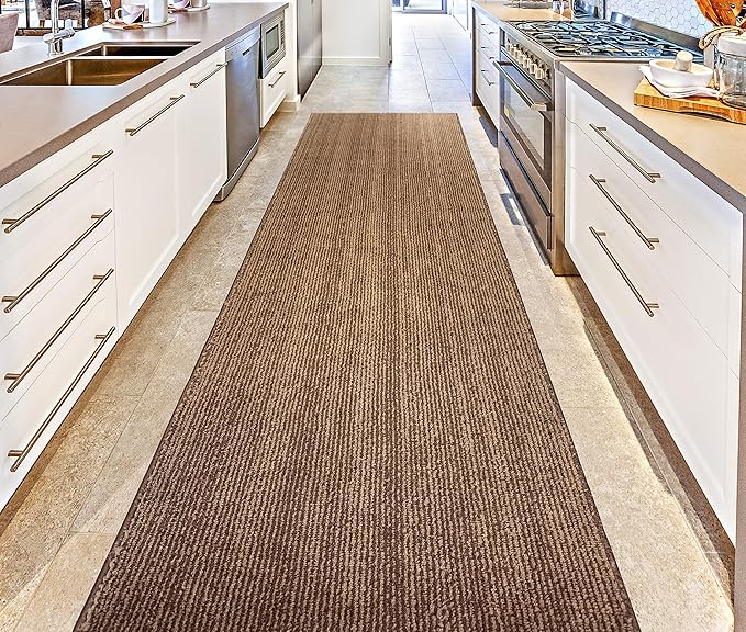 Custom Length Cut to Size Wide Width Carpet Runner Rug for Hallways, Slip Resistant Latex Rubber Backed, 31 inch Wide X Customized Length, Stripe Brown, 31 inch X 16 feet