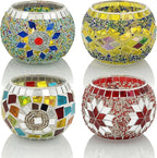 SHMILMH Glass Candle Holder Set of 4, Diwali Gift Votive Candle Holders Handmade Mosaic Glass Tealight Holders Diwali Christmas Table Decorations for Home