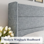 Allewie King Size Lift Up Storage Bed, Modern Wingback Headboard, Hydraulic Support, No Box Spring Needed, Grey Blue