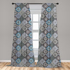 Ambesonne Moroccan Curtains, Detailed Flower Designs with Checkered Pattern and Antique Cultural Inspirations, Window Treatments 2 Panel Set for Living Room Bedroom, Pair of - 28" x 63", Blue Black