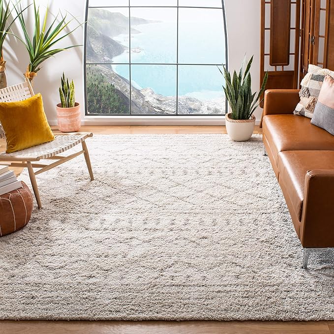 SAFAVIEH Arizona Shag Collection Area Rug - 9' Square, Ivory & Beige, Moroccan Design, Non-Shedding, 1.6-inch Thick, Ideal for High Traffic Areas in Living Room, Bedroom (ASG741A-9SQ)